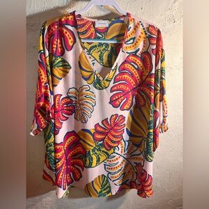 Pink and Yellow Leaf Print Blouse Adrienne oversized flowy colorful M tropical